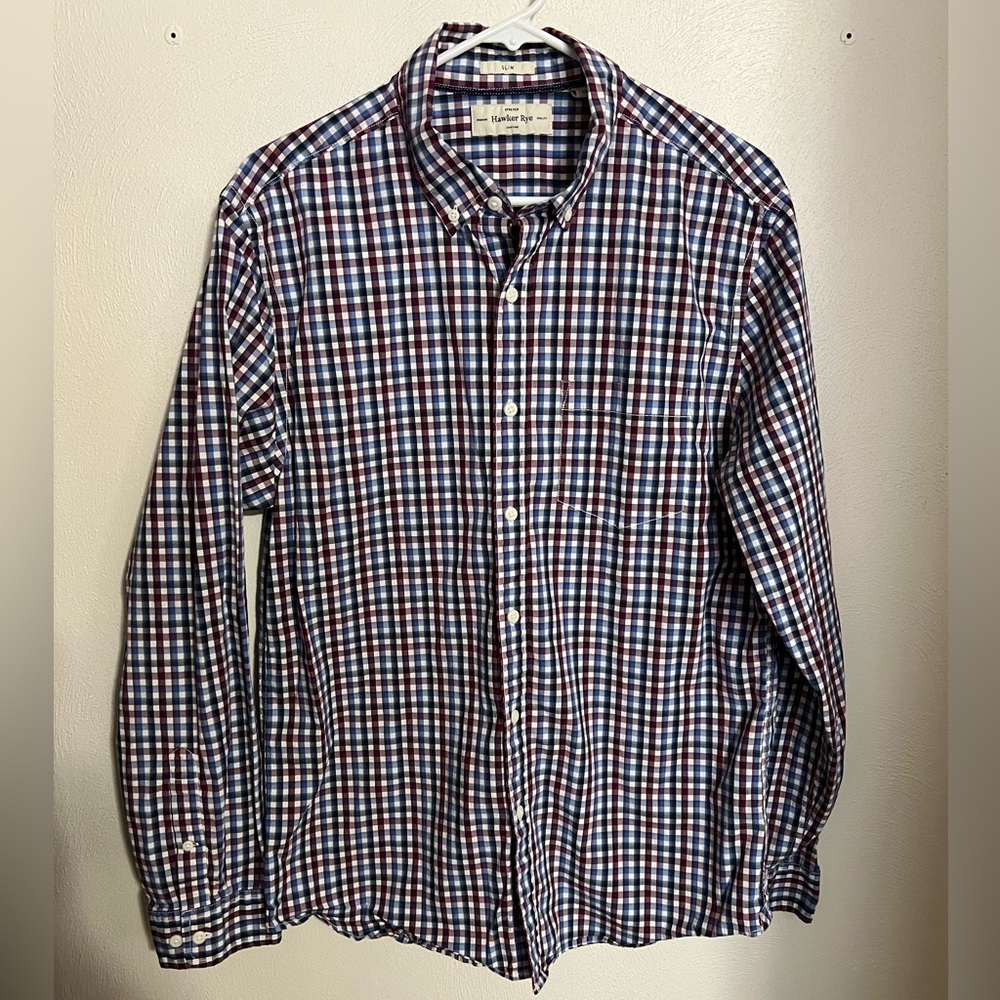 HAWKER RYE Classic Slim Fit Plaid Casual Button Down Shirt Red White Blue Mens L